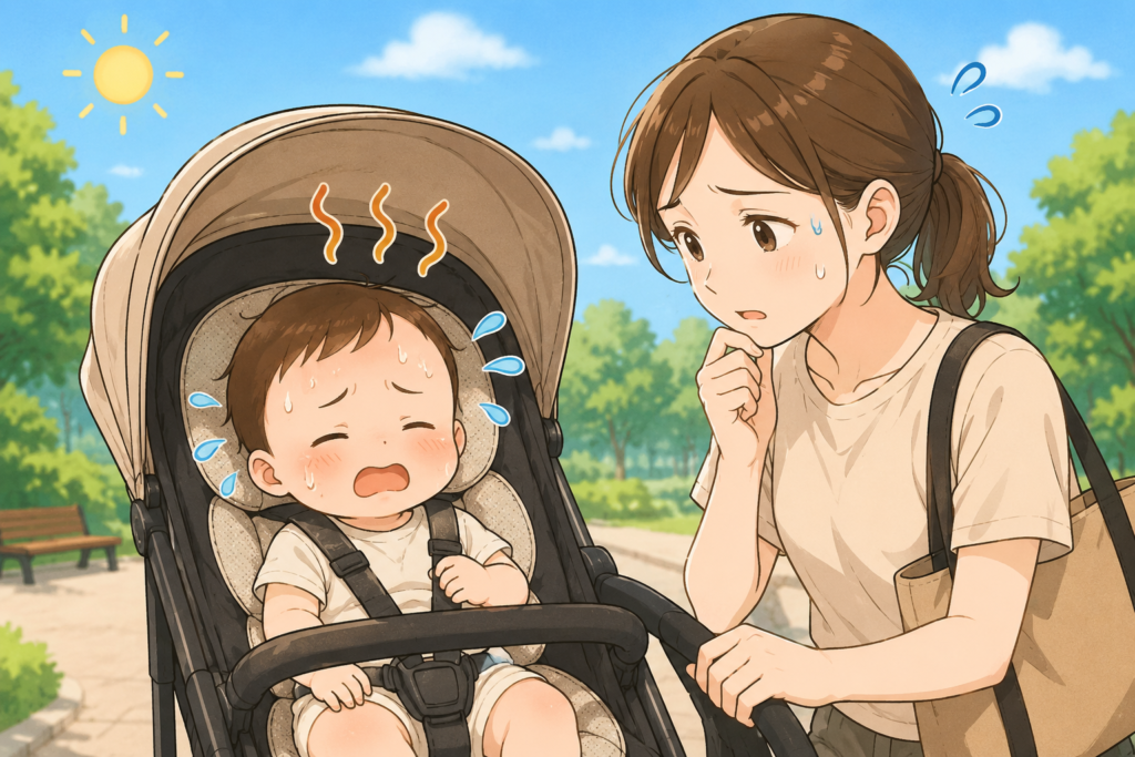 夏の日の公園で心配する母親