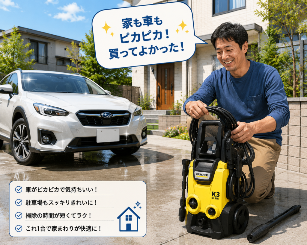 高圧洗浄機で掃除を終えて満足している戸建て住宅の男性
