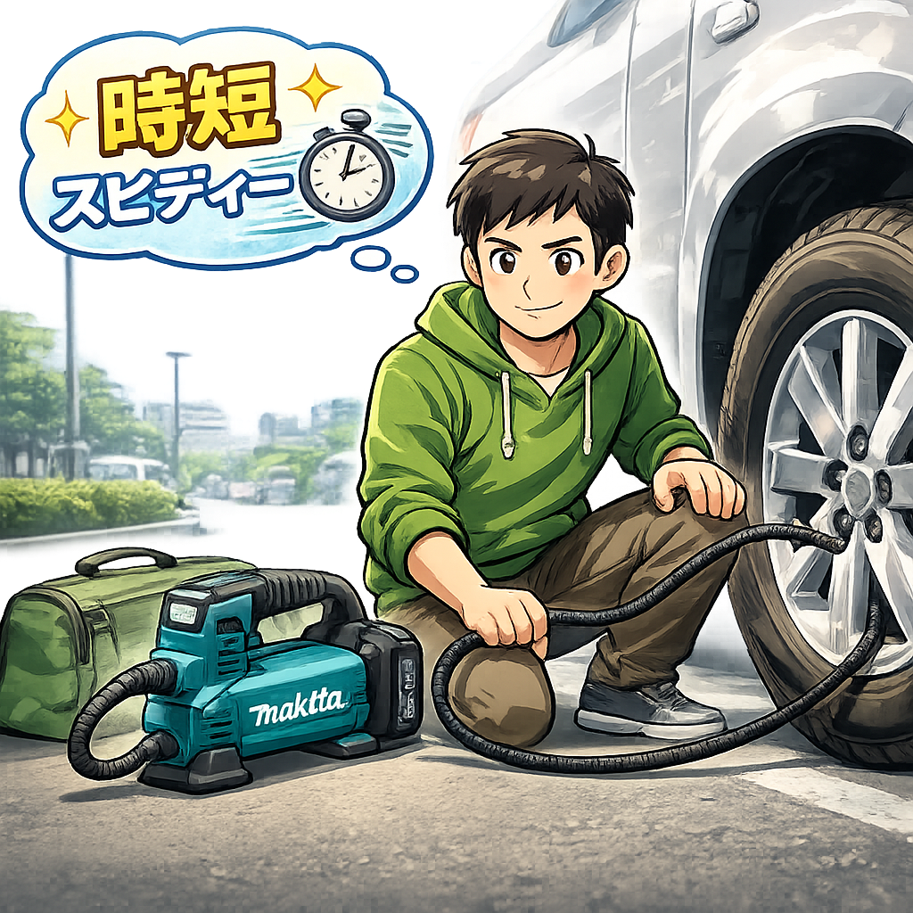 MP181DZで車のタイヤに空気を入れる様子
