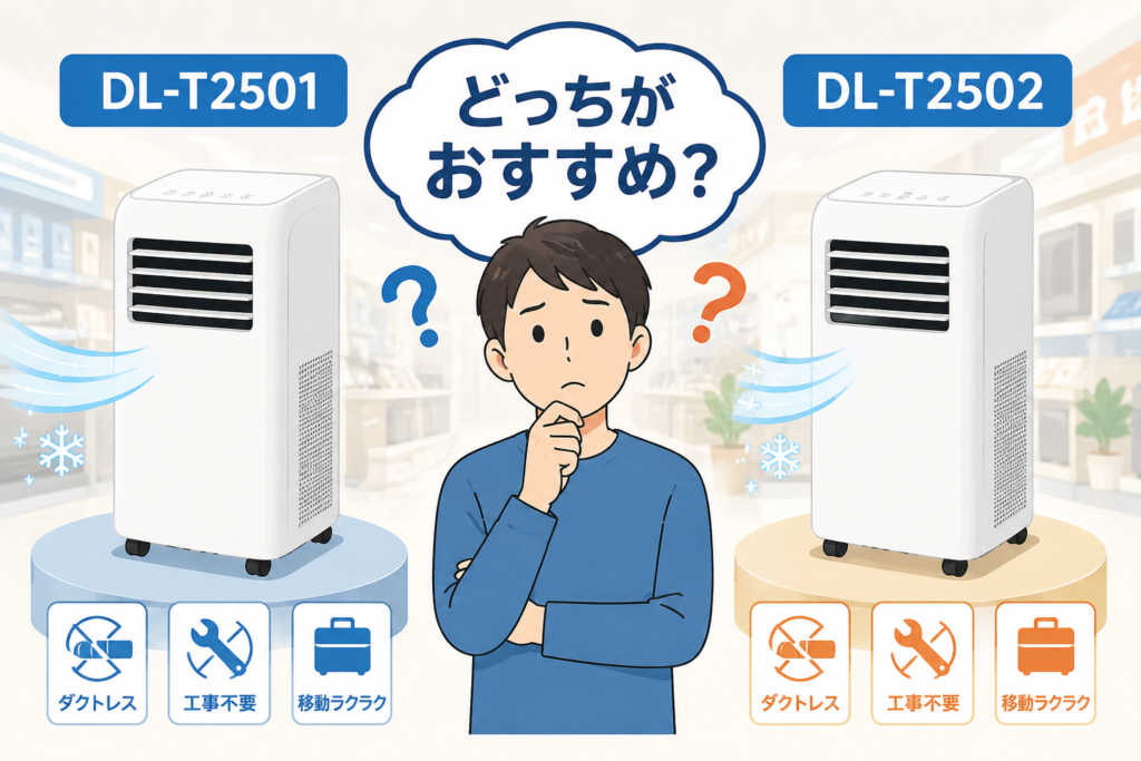 DL-T2501とDL-T2502を左右に配置 中央に「どっちがおすすめ?」