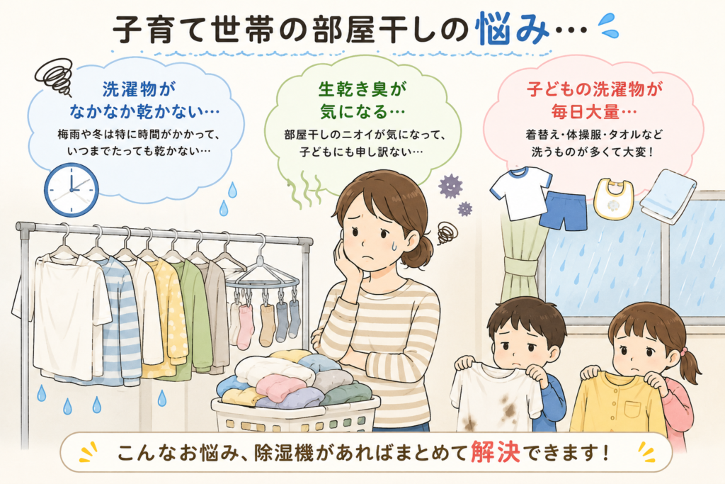 子育て世帯の部屋干しの悩み