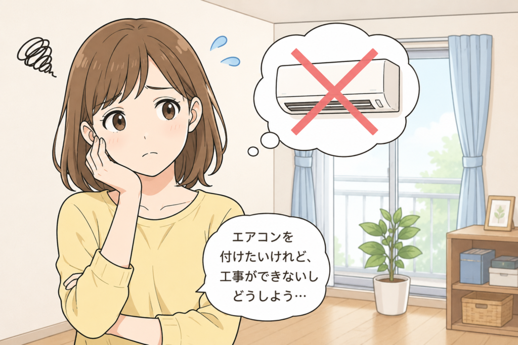 イラスト①:エアコンが設置できず困っている女性