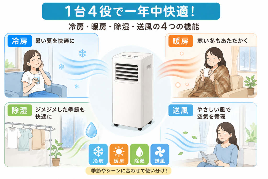 冷房・暖房・除湿・送風の4つの機能をイメージした図
