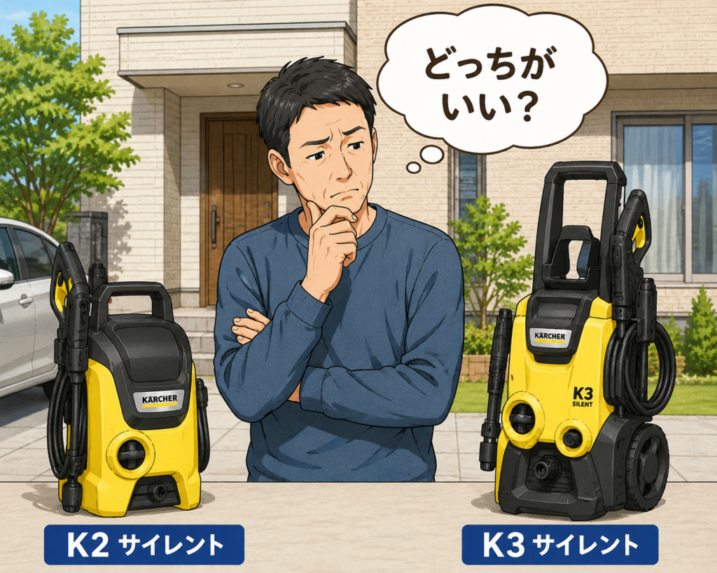 K2サイレントとK3サイレントのどちらを購入するか悩む戸建て住宅の男性