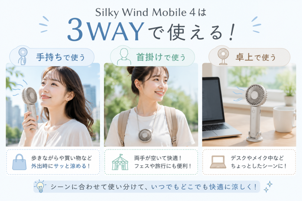 Silky Wind Mobile 4の5つの特徴3WAYで涼しく快適に使おう