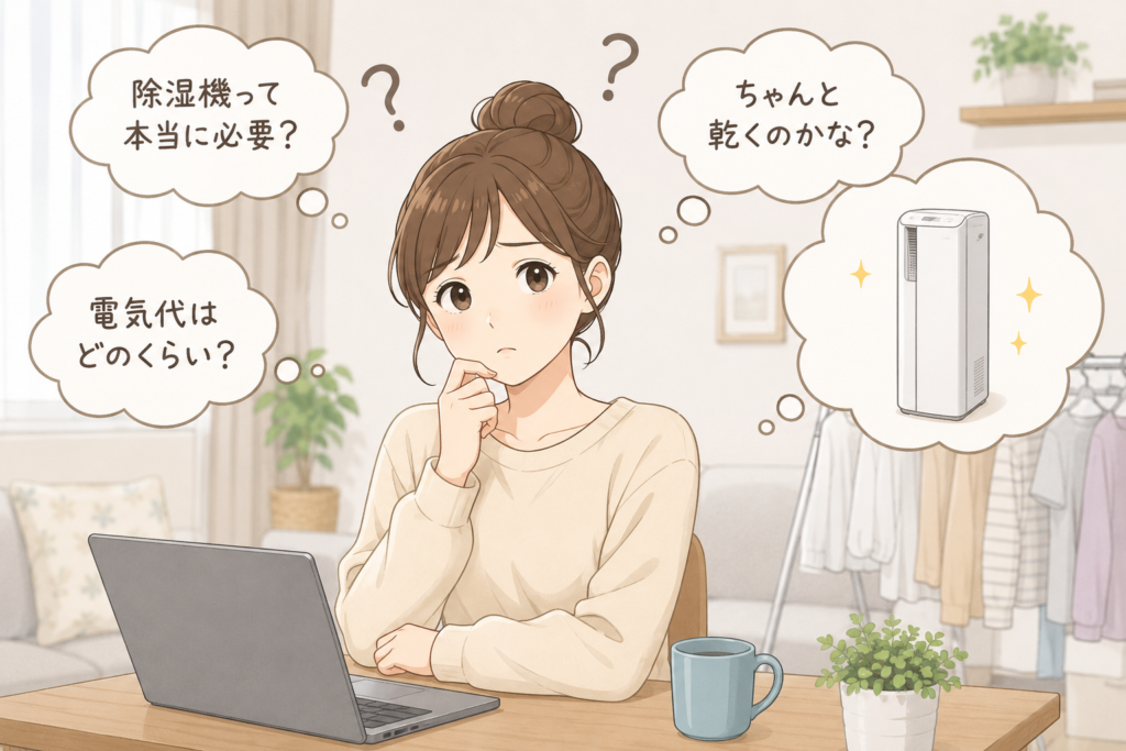 除湿機について考える女性
