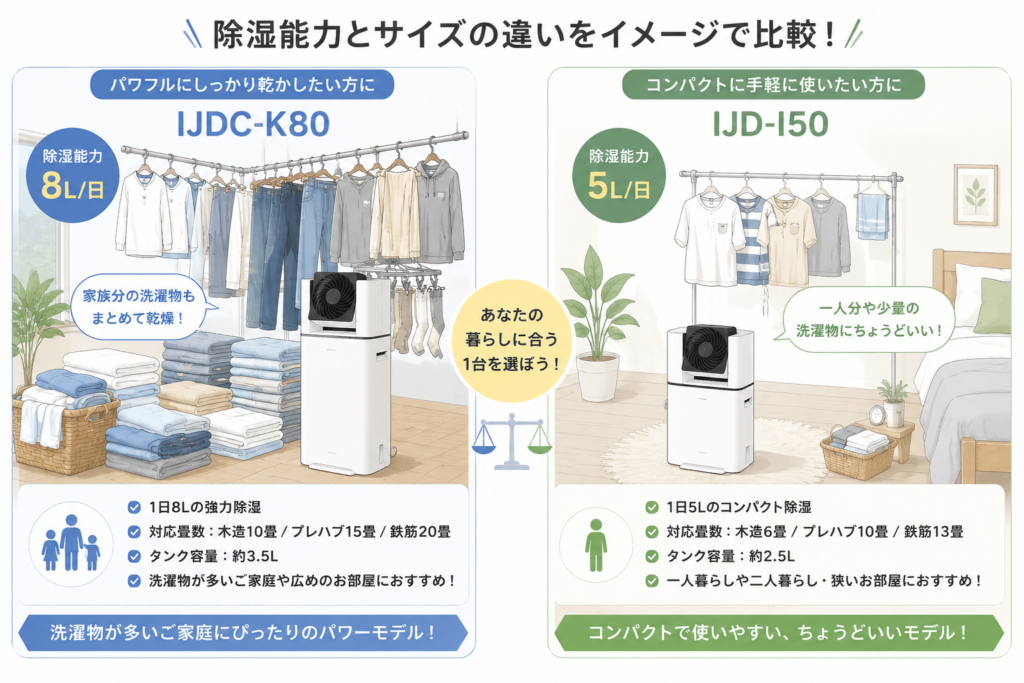 IJDC-K80とIJD-I50の除湿機比較：サイズと性能の違い
