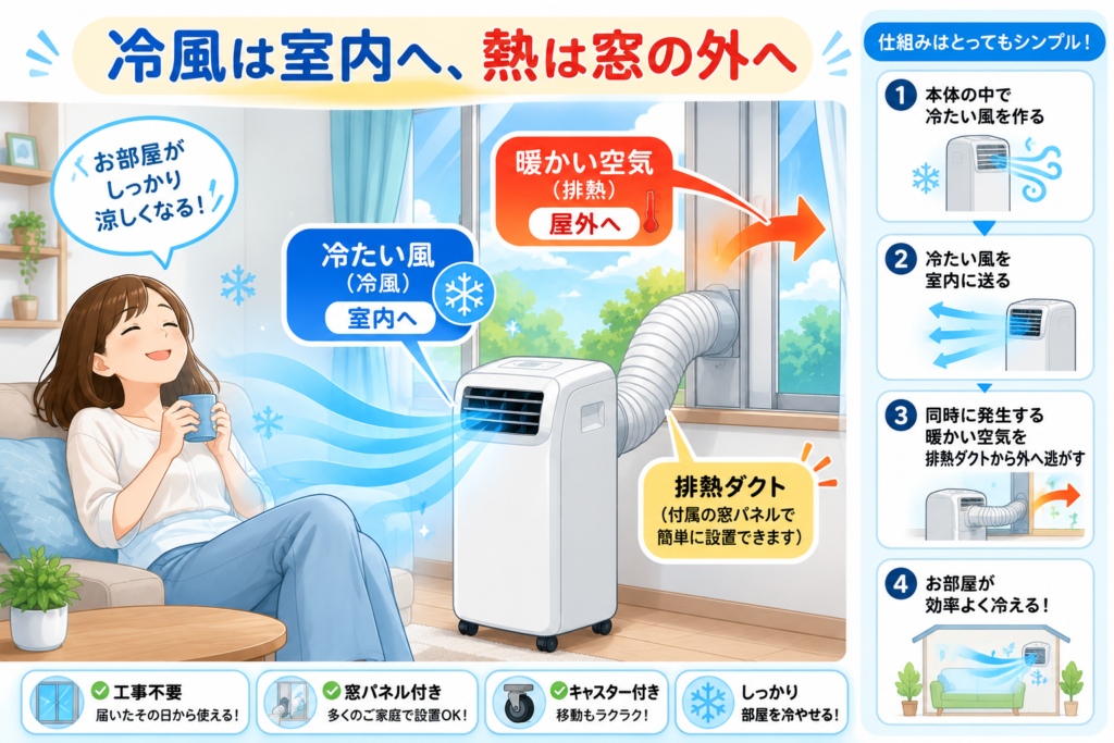排熱ダクトの違い本体から冷風が室内へ出て、排熱ダクトから暖かい空気が窓の外へ出る様子。