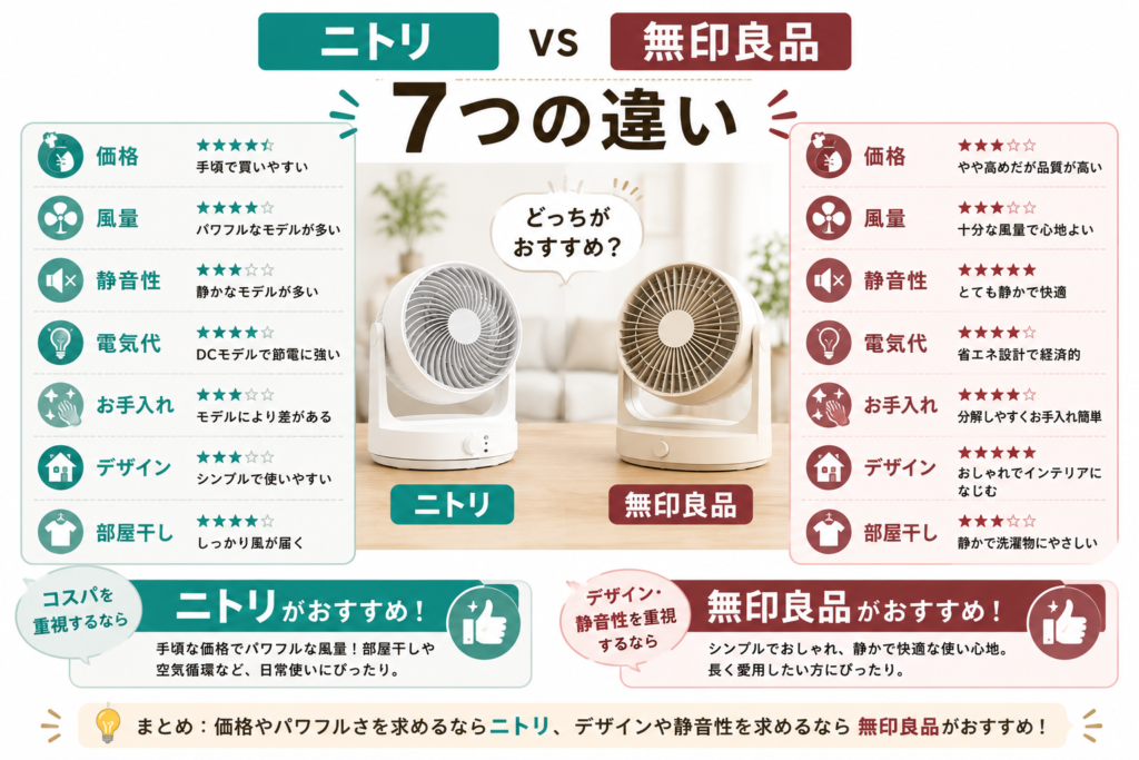 ニトリと無印の違いがひと目でわかる比較表