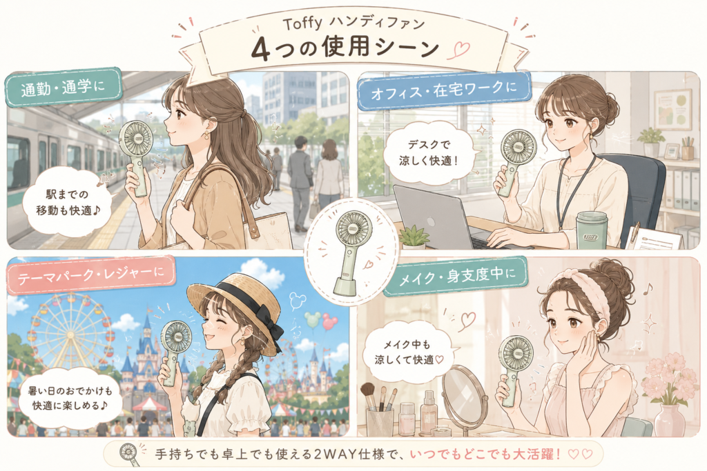 Toffyハンディファンの使用シーン（通勤・オフィス・テーマパーク・メイク中）