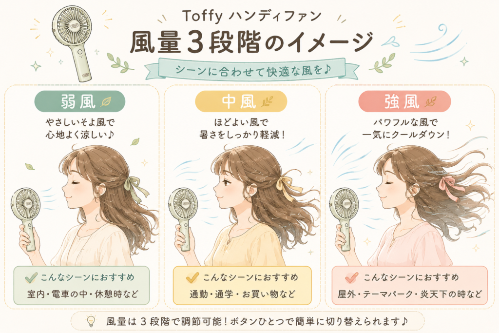 Toffyハンディファンの風量3段階（弱風・中風・強風）の違い