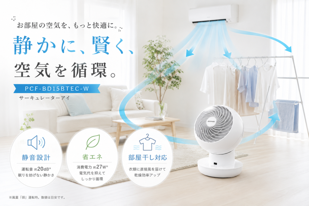 PCF-BD15BTEC-W風の白いサーキュレーターが、エアコンの風を循環させている明るいリビングのイメージ
