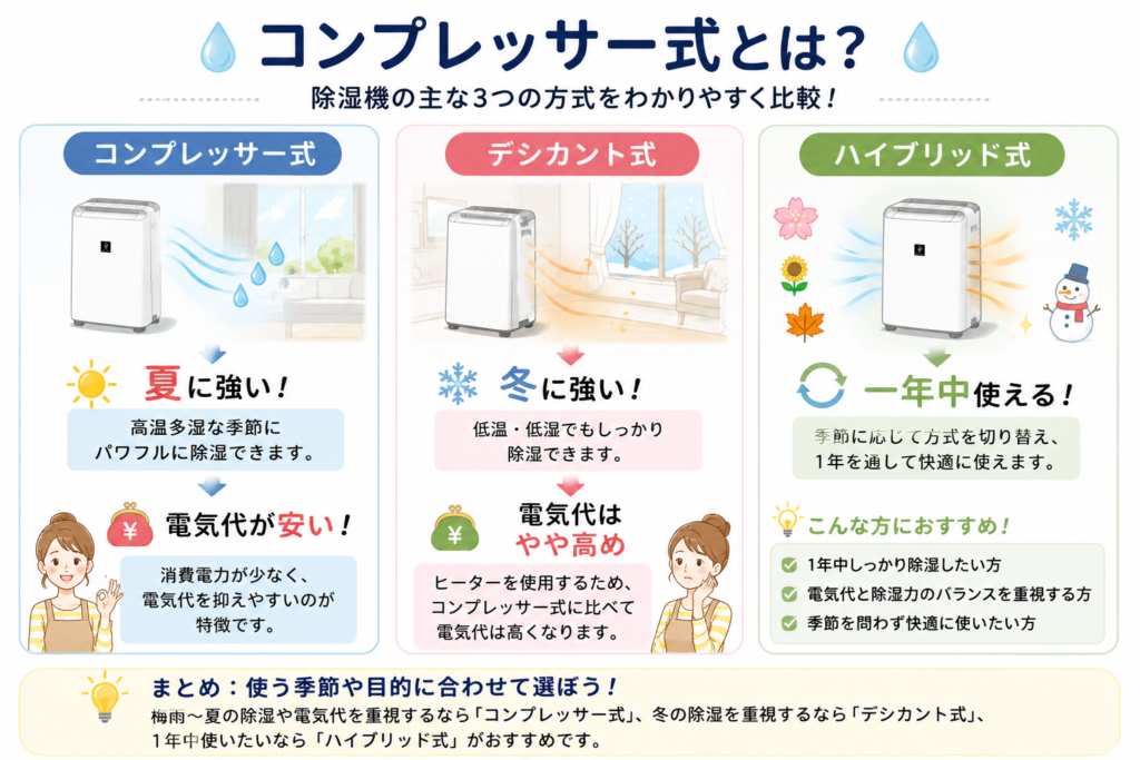 コンプレッサー式・デシカント式・ハイブリッド式除湿機の違いを比較したイラスト