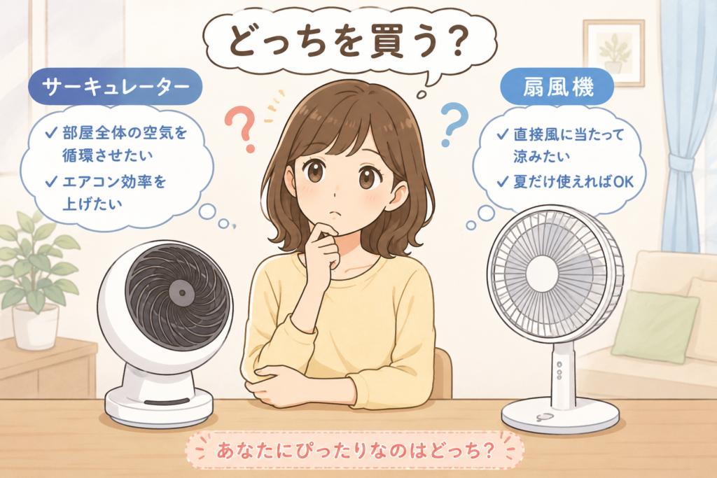 サーキュレーターと扇風機を前に悩む女性