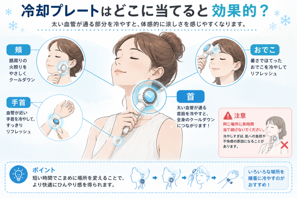 首・頬・手首・おでこなど冷却プレートを当てるおすすめの場所を示した図解