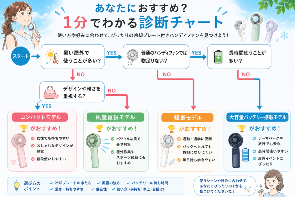 冷却プレート付きハンディファンのおすすめタイプがわかる診断チャート