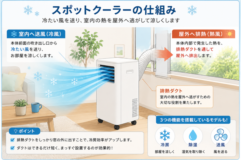 スポットクーラーの仕組みを解説した図。前面から青い冷風を室内へ送り、背面の排熱ダクトから赤い熱気を窓の外へ排出する仕組みを示したイラスト