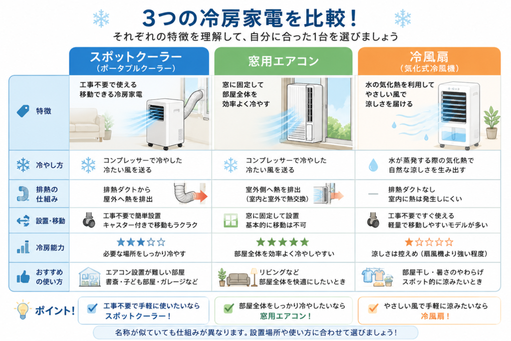 スポットクーラー・窓用エアコン・冷風扇の違いを比較したイラスト。設置方法、排熱の仕組み、冷房能力、移動のしやすさ、おすすめの使用シーンを一覧で比較している図