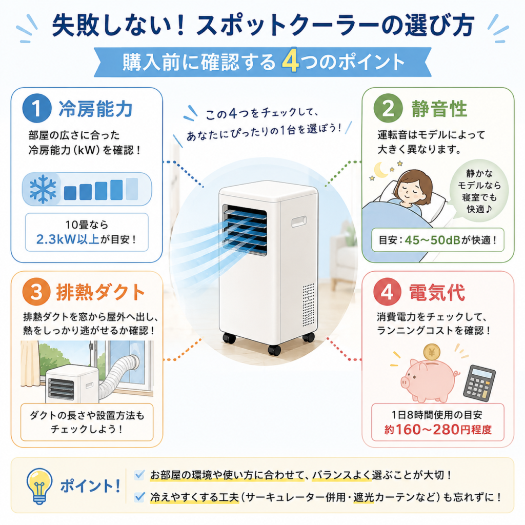 スポットクーラーの失敗しない選び方を解説した図。冷房能力、静音性、排熱ダクト、電気代の4つの確認ポイントをイラストでわかりやすく紹介