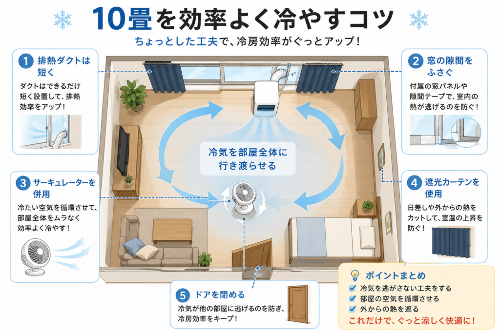 10畳の部屋を効率よく冷やすコツを紹介したイラスト。スポットクーラーを窓際に設置し、短い排熱ダクト、窓の隙間対策、サーキュレーター、遮光カーテン、ドアを閉める工夫で冷房効率を高める方法を解説
