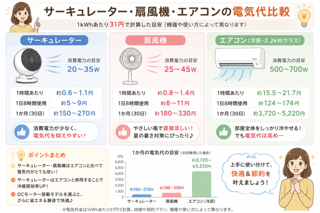 サーキュレーター・扇風機・エアコンの電気代比較