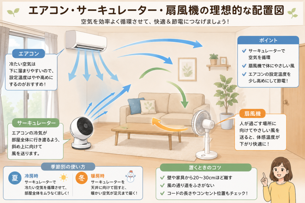 エアコンとサーキュレーターを併用した空気循環イメージ