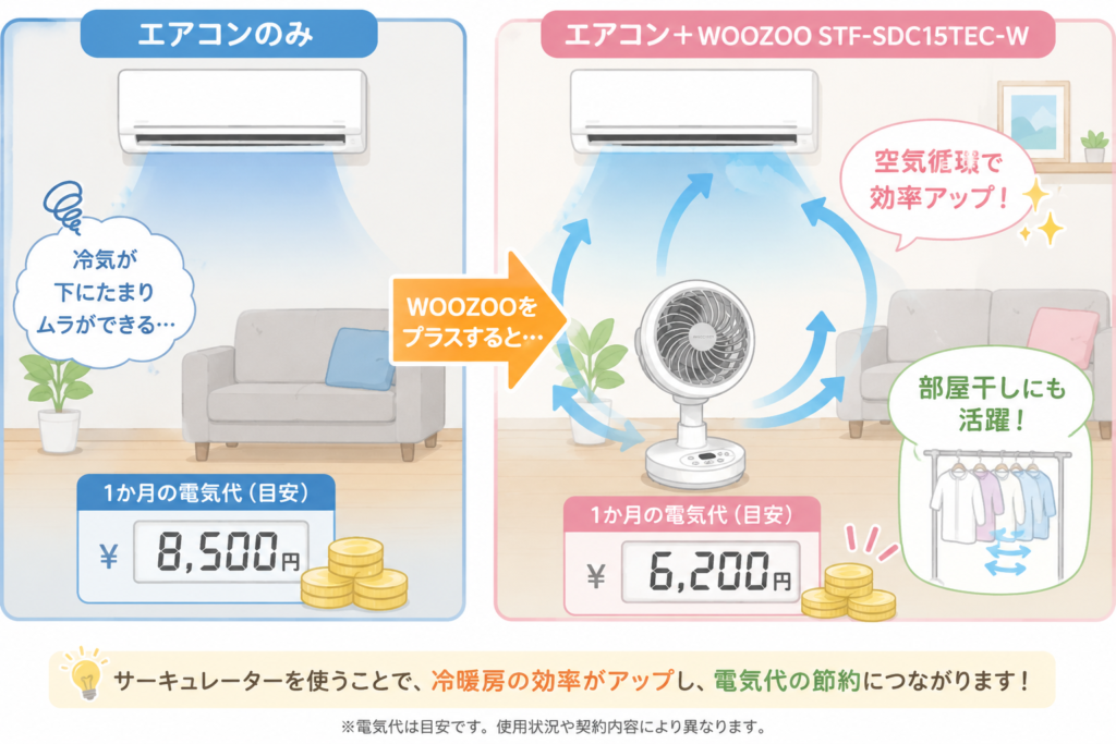 左に「エアコンのみ」、右に「エアコン＋WOOZOO STF-SDC15TEC-W」を配置電気代比較イラスト