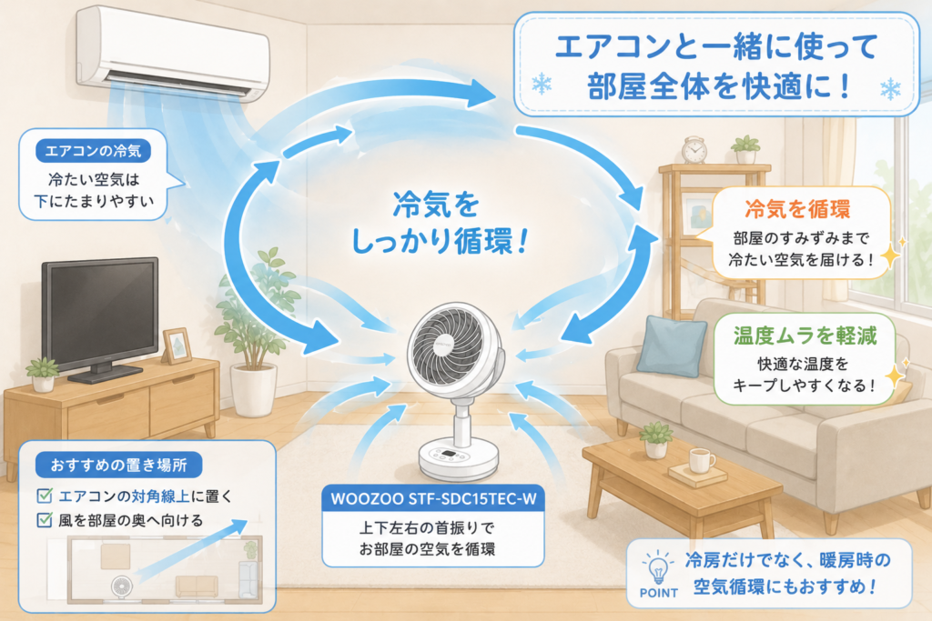 エアコンから出た冷気をWOOZOO STF-SDC15TEC-Wが部屋全体へ送っているイメージ図