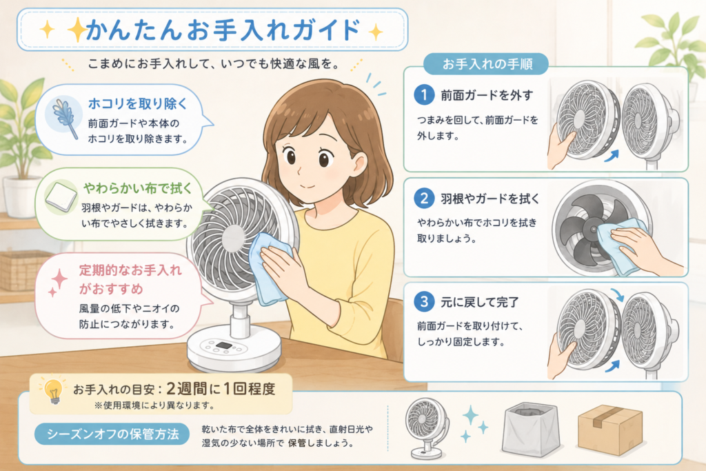 サーキュレーター扇風機を掃除している女性。