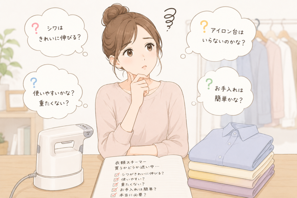 衣類スチーマーを買うか迷っている女性