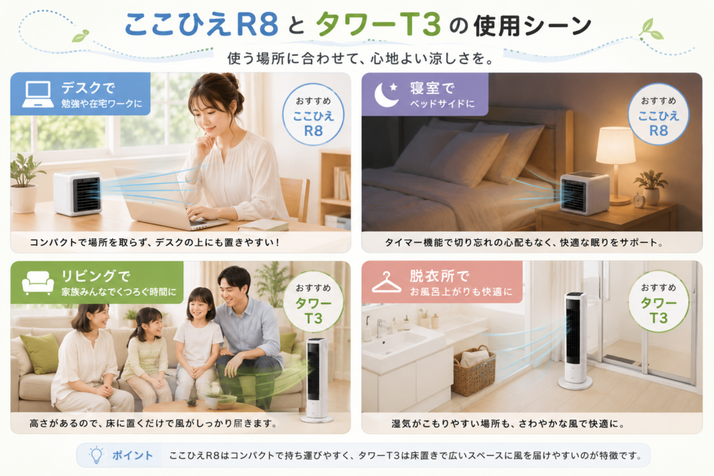 デスク・寝室・リビング・脱衣所での使用シーン