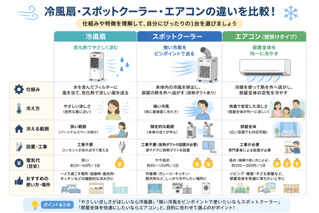 冷風扇・スポットクーラー・エアコンの違いを比較する図