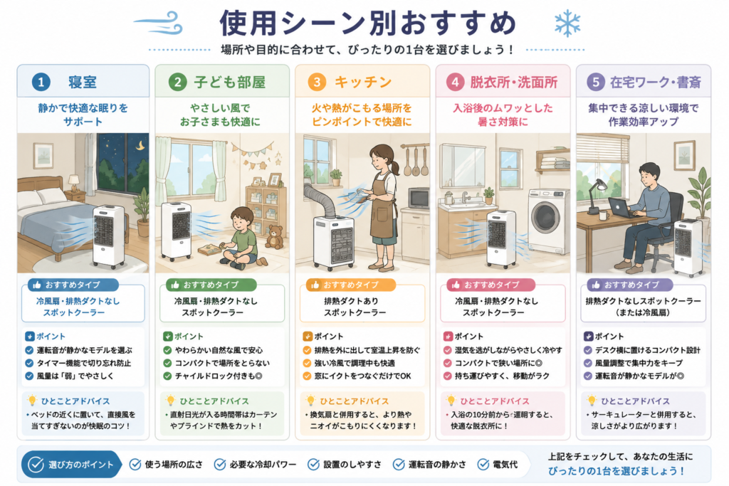 寝室・キッチン・脱衣所など使用シーン別のイラスト