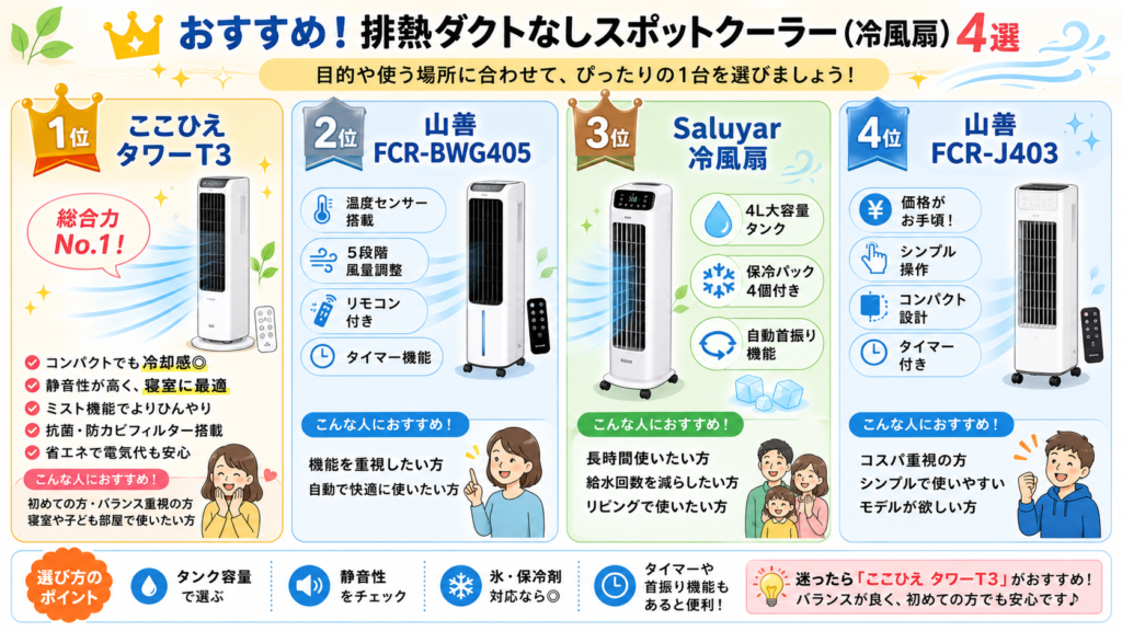 4商品の特徴を並べたランキング用イラスト