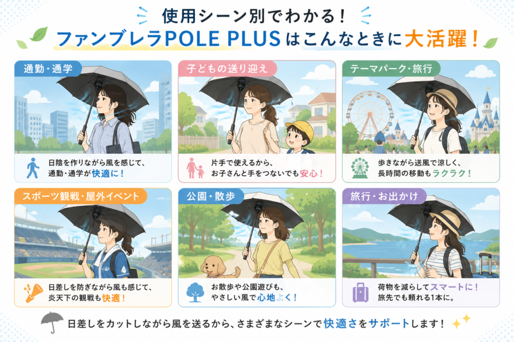 ファンブレラPOLE PLUSは、さまざまなシーンで活躍します。
