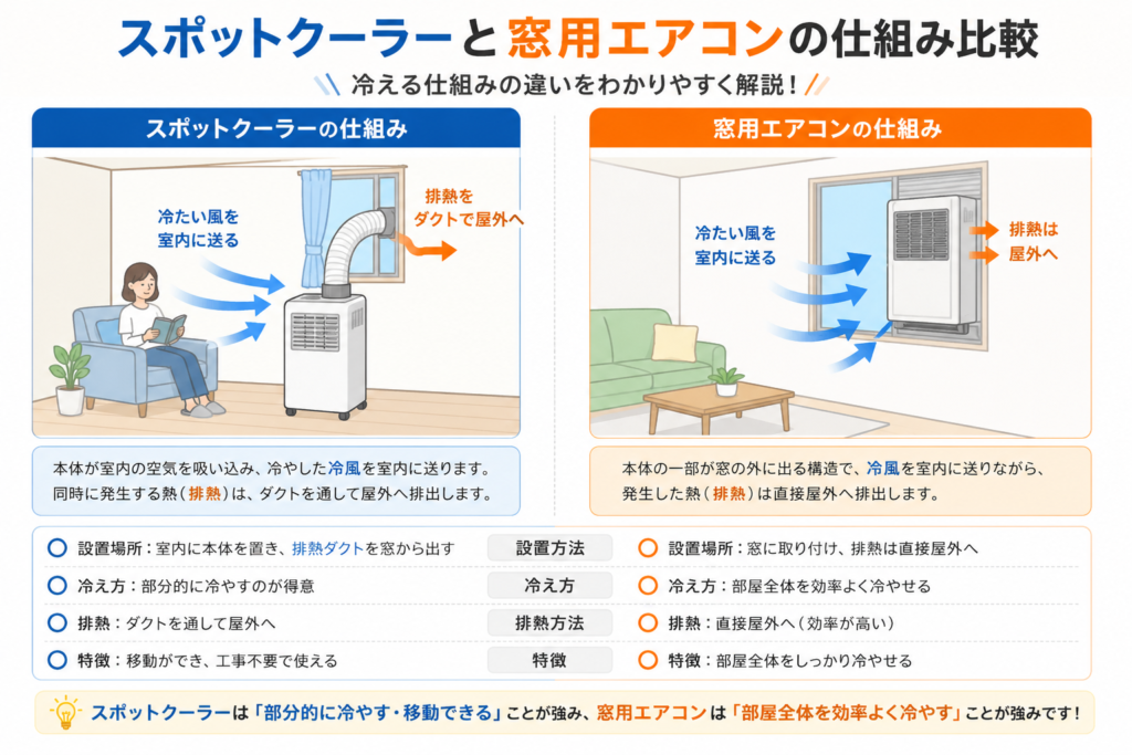スポットクーラーと窓用エアコン冷える仕組み比較