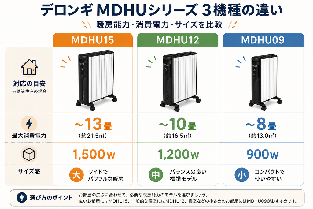 デロンギMDHU15・MDHU12・MDHU09の暖房能力・消費電力・サイズの違いを比較したイラスト