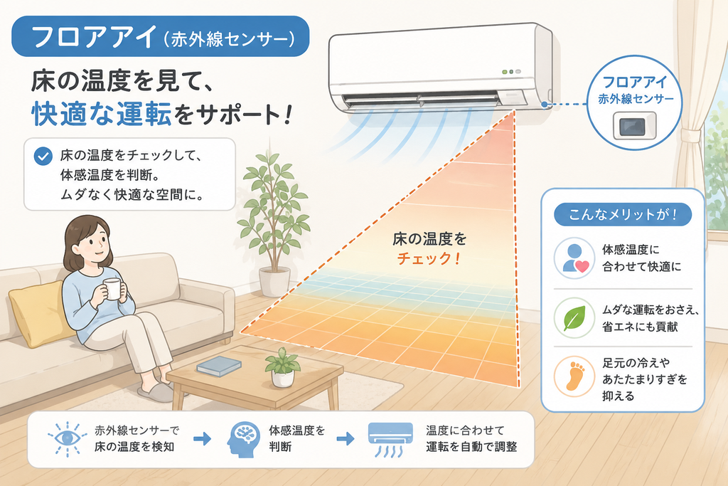三菱エアコン霧ヶ峰GEのフロアアイが床の温度を検知して運転を調整する仕組み