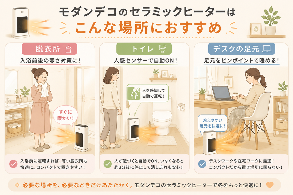 モダンデコのセラミックヒーターのおすすめ使用場所|脱衣所・トイレ・デスクの足元