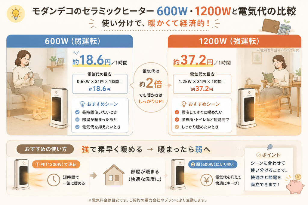 モダンデコのセラミックヒーター600W・1200Wの電気代比較とおすすめの使い分け