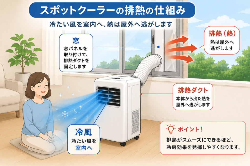 スポットクーラーの排熱ダクトから熱を屋外へ逃がし、冷風を室内へ送る仕組みを示したイラスト