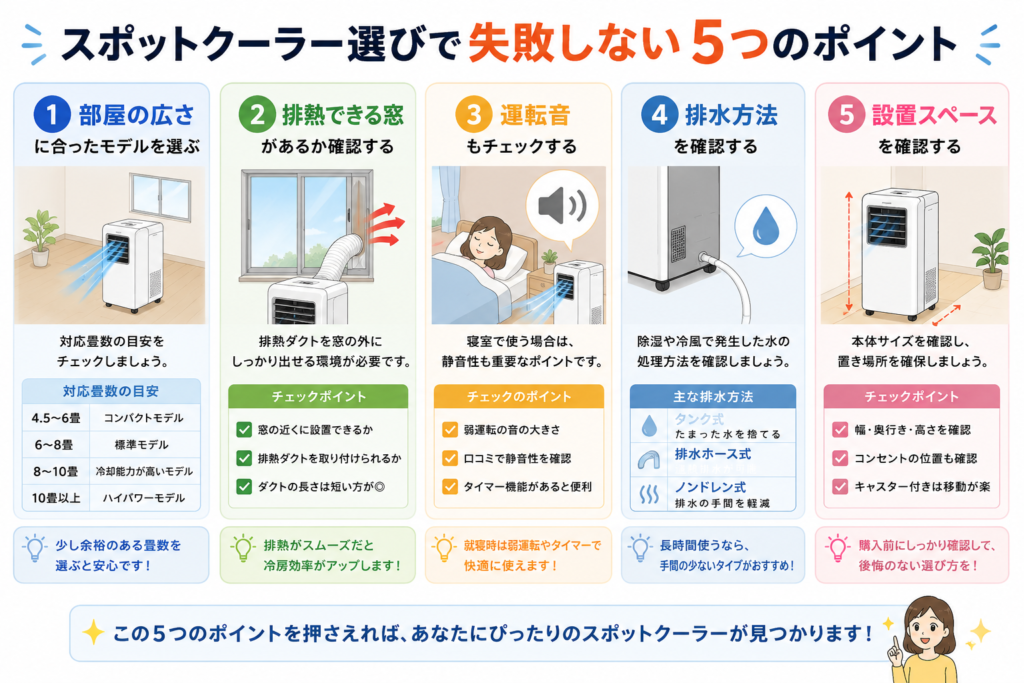 スポットクーラー選びで失敗しない5つのポイントをまとめたインフォグラフィック