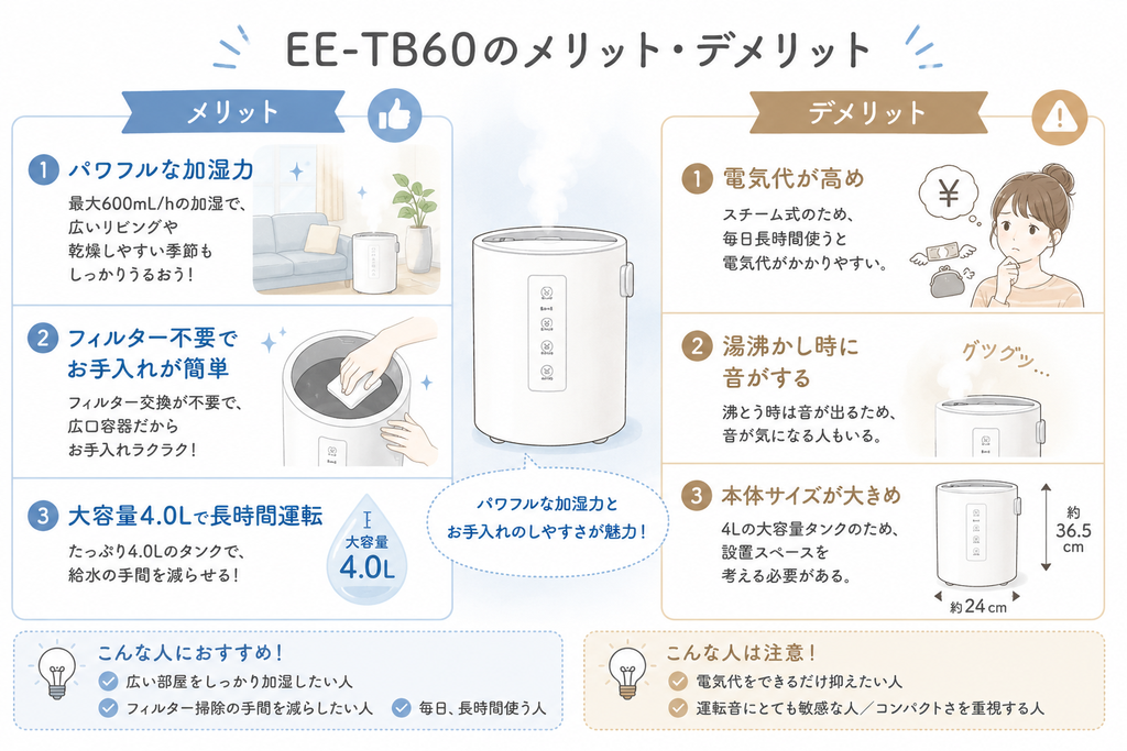 象印EE-TB60のメリット・デメリットを比較したイラスト