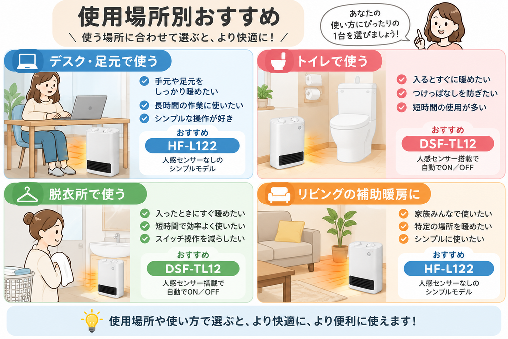 山善HF-L122とDSF-TL12の使用場所別おすすめを比較したイラスト